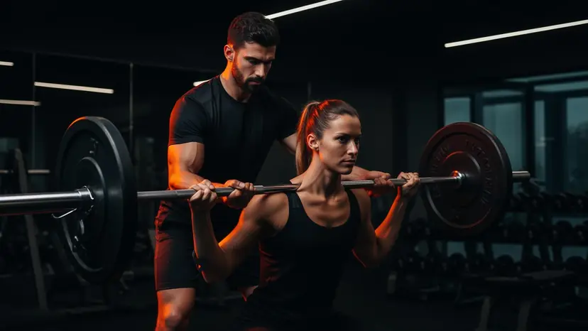 Personal Trainer profesional entrenando a una alumna con barra en gimnasio moderno