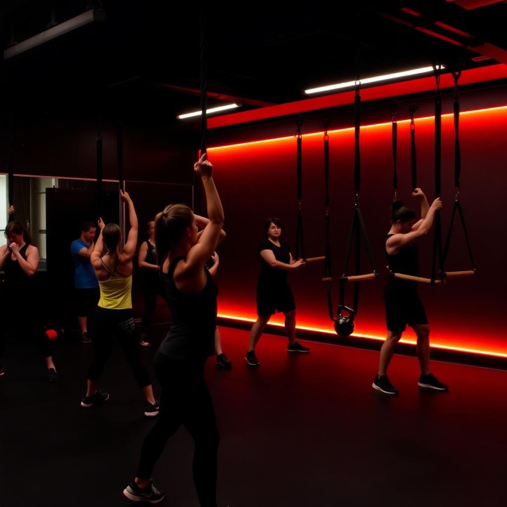 Clase de entrenamiento funcional grupal con TRX y kettlebells